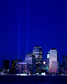 World trade center (twin towers) light memorial, downtown, Manhattan, New York, USA.