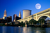 Cuyahoga river, downtown, Cleveland skyline, Ohio, USA.