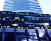Stock market ticker display, Manhattan, New York, USA.