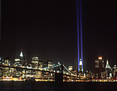 September 11 (9/11) light memorial, downtown, Manhattan, New York, USA.