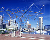 Sculpture, inner harbour skyline, Baltimore, Maryland, USA.