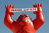 Balloon, gorilla with sign, now open. Parrot Jungle. Watson Island. Miami. Florida. USA.
