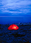 Tent on the seashore in the dusk. Bjuroklubb. Vasterbotten. Sweden