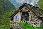 Barn with picture of the Virgin Mary, Frasco, Valle Verzasca, Canton of Ticino, Switzerland