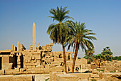 Mauerreste mit Obelisk und Palmen, Tempel von Karnak, Ägypten, Afrika