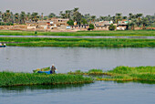 Nilkreuzfahrt, Bauer mit Boot bei der Ernte, Häuser und Palmen im Hintergrund, Nil Abschnitt Luxor-Dendera, Ägypten, Afrika