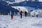 Three backcountry skiers ascending Wertacher Hoernle, Allgaeu Alps, Bavaria, Germany