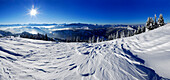 Snow-covered mountain scene, panorama from summit of Riedberger Horn, Obermaiselstein, Oberstdorf, Allgaeu range, Allgaeu, Swabia, Bavaria, Germany
