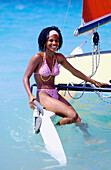 Cuba, Havana. Young mulatto woman at Playa Santa Maria, Playas del Este