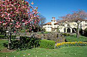 Spring blossoms at the historic Columbia Gorge Hotel (National Historic Landmark). Hood River. Oregon. USA