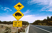 Kangaroo and wombat road warning sign. Australia