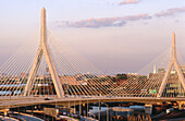 Leonard P. Zakim Bunker Hill Bridge. Boston. Massachusetts. (This bridge is the widest (10 lane) cable-stayed bridge in the world, and one of the shortest (1,457 feet long). It is the first bridge in the United States with an asymmetrical hybrid design)