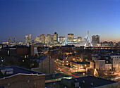 Night skyline with Zakim bridge, from Charlestown, Boston, Massachusetts. USA.