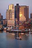 Aerial view, State Street, Old State House, sunrise, Boston, Massachusetts. USA.