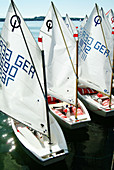 Dinghy boats at Chiemsee harbour, Fraueninsel ( Womens Island ). Chiemgau, Bavaria. Germany