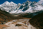 Kangchenjunga, trekkers en route, below Sharpu peaks. East Nepal