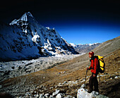 Sherpa under Wedge Peak above Pangpema Base Camp. Kangchenjunga. East Nepal