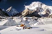 Concordia campsite, K2 on the left and Broad peak behind. Karakoram mountains, Pakistan