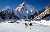 Skiers return from base of K2, Godwin-Austen glacier in spring. Karakoram mountains, Pakistan
