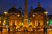 Piazza del Popolo, twin churches Santa Maria dei Miracoli and Santa Maria in Montesanto, and Egyptian obelisk of Ramesses II in the evening light, Rome, Italy