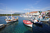 Boats moored in Fiskardo harbour, Cephalonia Island, Ionian Islands, Greece