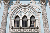 Neo gothic facade of a former printing house in Nikolskaya ulitsa 15 in the Kitai Gorod area, Moskau, Russia