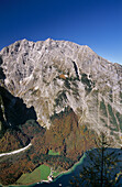 Aerial shot of St. Bartholomew's Church at King's Lake with Watzmann, Berchtesgadener Land, Bavaria, Germany