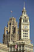 Wrigley Building and Tribune Towers, top and spires of buildings, landmark and famous architecture highrises. Chicago. Illinois. USA.