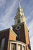 Massachusetts, Boston, Park Street Church, site along Freedom Trail, walk through American history, spire, steeple and clock tower, viewed from below