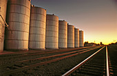 Grain silos and railroad tracks. Central Nebraska. USA.