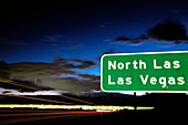 Highway sign for Las Vegas with Las Vegas in background. Nevada. USA.