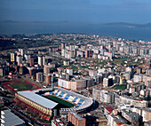 Football ground and view of Vigo in Pontevedra province. Galicia. Spain