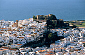 Aerial view of Salobreña and Castle, Granada province, Andalucia, Spain. Mediterranean sea