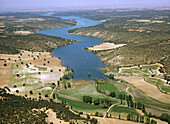 Aerial view of Las Lagunas de Ruidera Natural Park. Ciudad Real province. Castilla-La Mancha. Spain