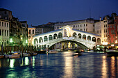 Rialto Bridge and Grand Canal at dusk. Venice. Veneto, Italy