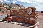 Entrance sign, Highway 24. Capitol Reef National Park. Utah. USA.