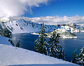 Wizard Island during winter. Crater Lake National Park. Oregon. USA