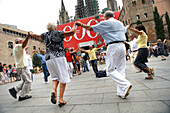 Folk dancing in front of the Catedral, Barrio Gotic, Barcelona, Catalonia, Spain