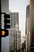 Stop light and High rise buildings, Downtown, Chicago, Illinois, USA