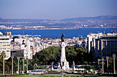 Marques de Pombal Square, in front Edward VII Park. Tejo River in background. Lisbon. Portugal