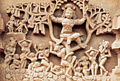 Relief at Gopuram base, Krishna stealing gopis clothes. Nambiraja Temple. Tirukkurunkudi, India. Dated: 1400-1500 A.D.