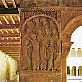 The Incredulity of Saint Thomas relief on pillar (c. 1073), Romanesque cloister of Santo Domingo de Silos benedictine monastery. Burgos province, Castilla-León, Spain
