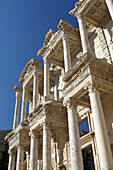 The facade of the Celsus Library building in Ephesus, Turkey.