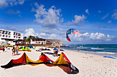 Kite surfers at beach, Barbados, Caribbean