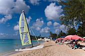 Catamaran at beach, Mullins Bay, Speightstown, Barbados, Caribbean