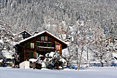 Snow covered alpine house, Grindelwald, Bernese Oberland, Canton of Bern, Switzerland