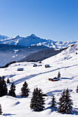 View over winter scenery with snow covered alpine huts, First, Grindelwald, Bernese Oberland, Canton of Bern, Switzerland