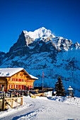 Mountain restaurant Bort with mountain Wetterhorn in background, First, Grindelwald, Bernese Oberland, Canton of Bern, Switzerland