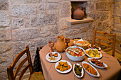 Meze, appetizers, in Araouzos Traditional Tavern, restaurant, Kathikas, Laona, near Polis, South Cyprus, Cyprus