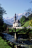 Saint Sebastian Church with mountain Reiter Alm in background, Ramsau, Bavaria, Germany